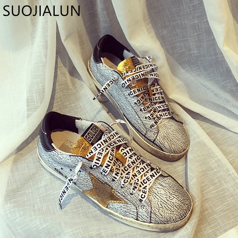 

SUOJIALUN 2019 Spring Women Golden Star Casual Shoes Vintage Do Old Dirty Shoe Round Toe Lace Up Women Flats Female Sneakers