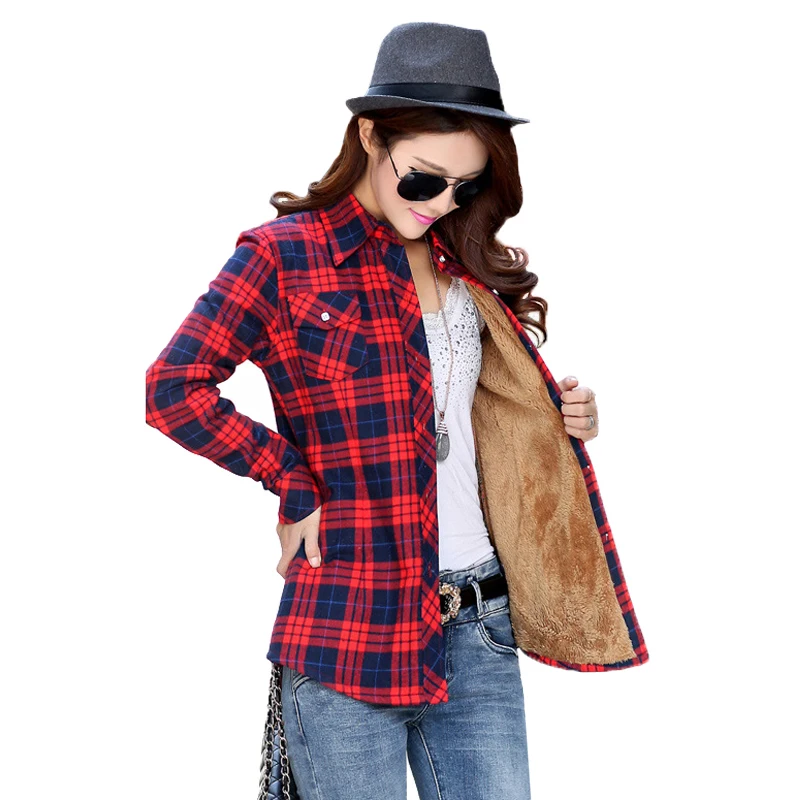 

2018 Winter Velvet Thick Keep Warm Cotton Ladies Plaid Shirt Women Blouse Female Long Sleeve Pocket Tops Femme Blusas Feminina