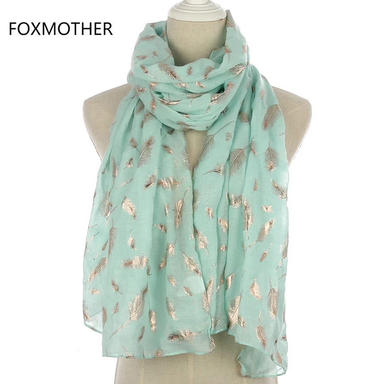 Mint Long FOXMOTHER Новая Мода мятно-зеленый/розовый Фольга Золото перо шарф хиджаб шаль для женщин - Цвет: Mint Long