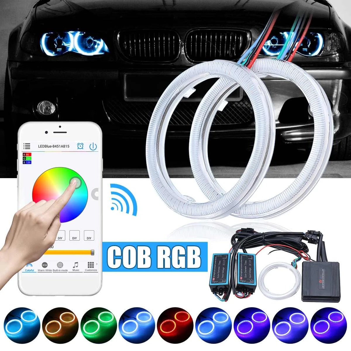 1 пара bluetooth Беспроводной приложение Управление RGB COB Ангельские глазки светодиодные кольца-гало свет COB 70 светодиодный чипы мульти-Цвет автомобильных фар