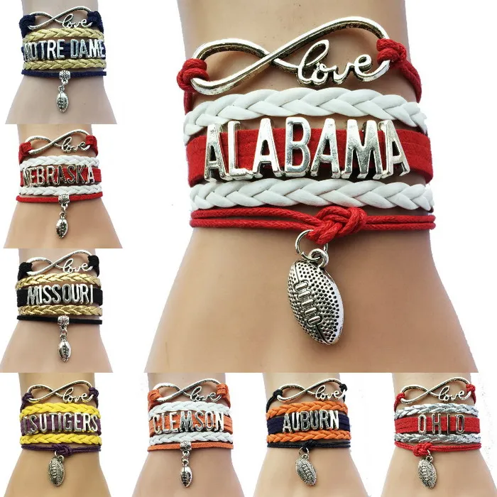 

Drop Shipping 8 Styles American College Football Bracelets Charm Teams Club Friendship Wrapped Leather Braid