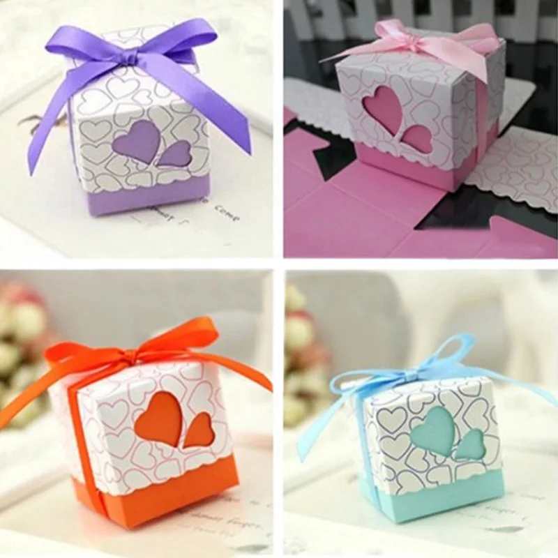 

50pcs Love Heart Small Laser Cut Gift Candy Boxes Wedding Party Favor Candy Bags With Ribbon Decor LAD-sale