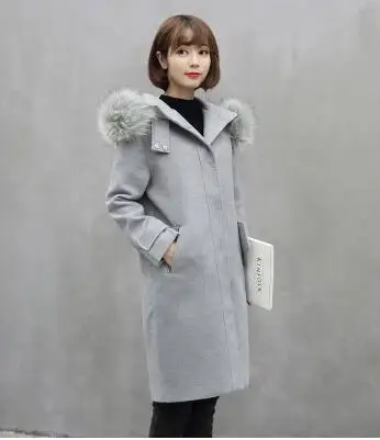 Элегантные женские твидовые пальто, женские осенне-зимние кашемировые пальто с меховым воротником, шерстяное пальто высокого качества с капюшоном K4050 - Цвет: Gray