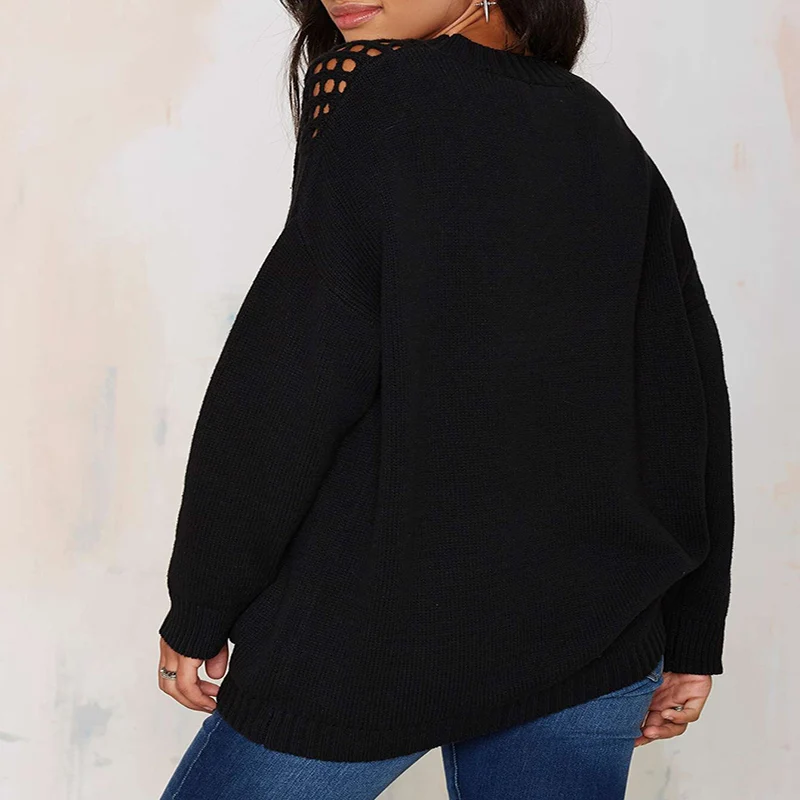 HYH HAOYIHUI Brand New Autumn or Winter Women Fashion Deep V Sexy Hollow Loose Batwing Pullover Black XXL XL L S M Sweater