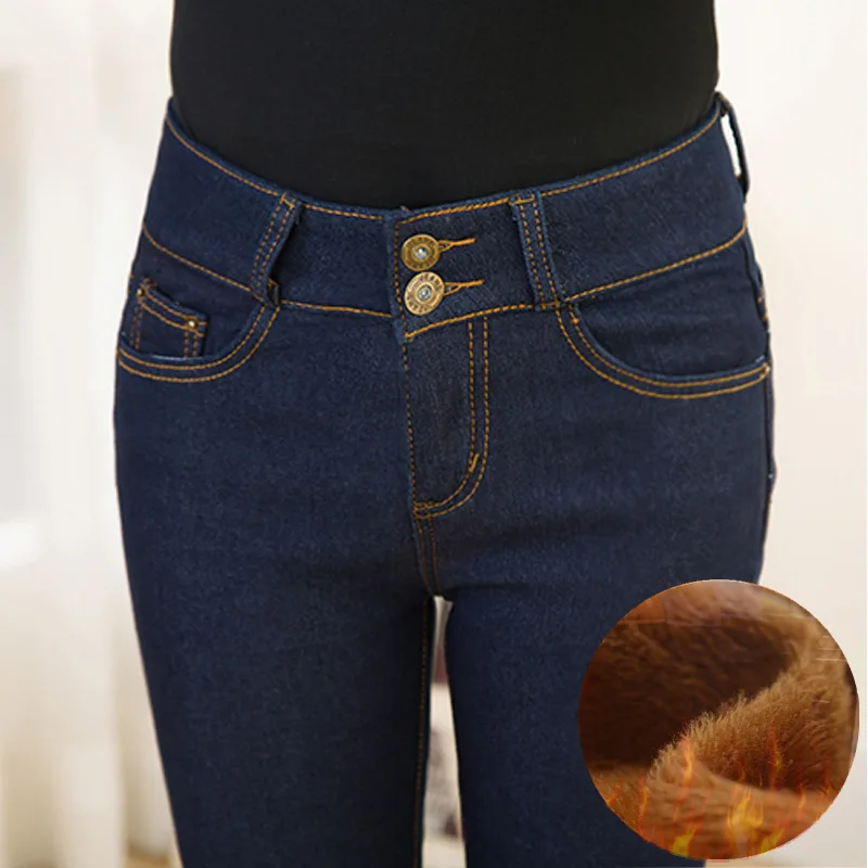 Зимние теплые джинсы больших размеров для женщин, золотые флисовые утепленные Джинсовые штаны с высокой талией, женские джинсовые брюки P9107