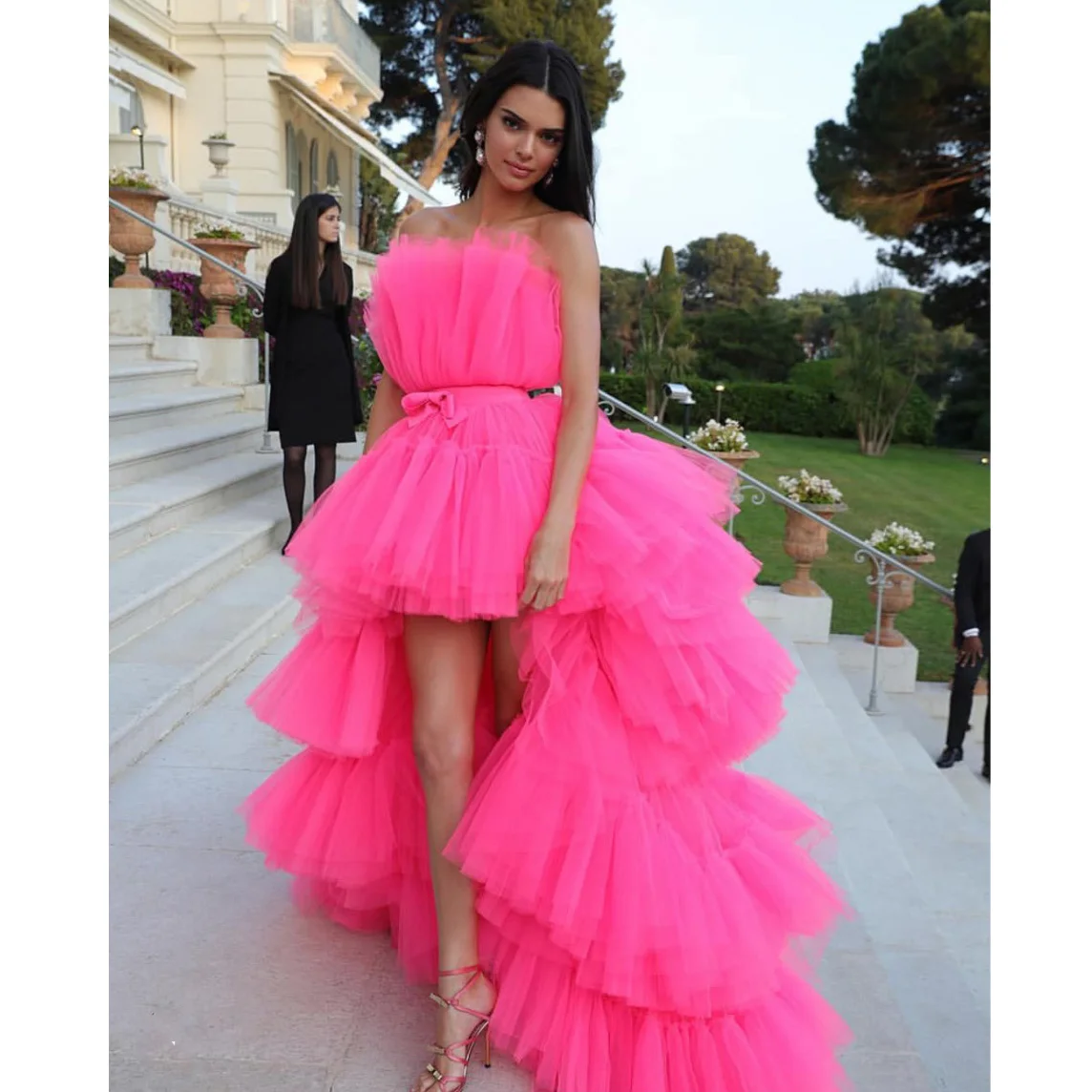 Hot Pink High Low Prom Gowns Off the Shoulder