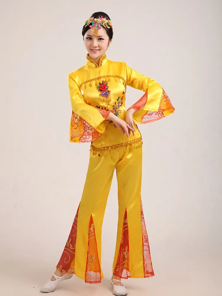  chinese embroidered sequined folk dance costumes fan handkerchief drum yangko dance clothing red\bl