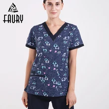 Короткий рукав, женские наборы скрабов с v-образным вырезом, с принтом, топы, брюки, домашний доктор, косметика, стоматология, рабочая одежда, больница, медсестры, хирургическая форма