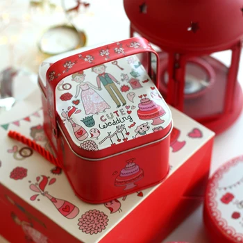 

Handle Red Cartoon Bride And Groom Wedding Candy Tin Box Metal Storage Organizer For Jewelry Kids Gift Home Storage Box