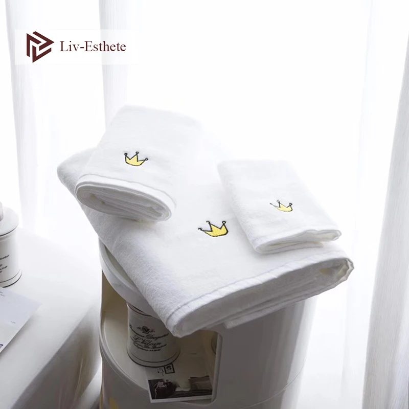 

Liv-Esthete 2019 New Wholesale Nordic Crown 100 % Cotton White Towel Super Soft Quickly Dry Adult Kids Bath Towel For Bathroom
