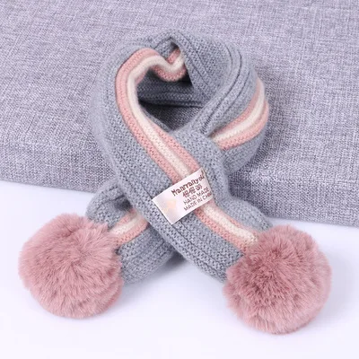 New Striped Hair Ball Children's Scarf Autumn And Winter Small l Wool Scarf Female Cashmere Children's Scarf 12 Colors GCG52 (17)