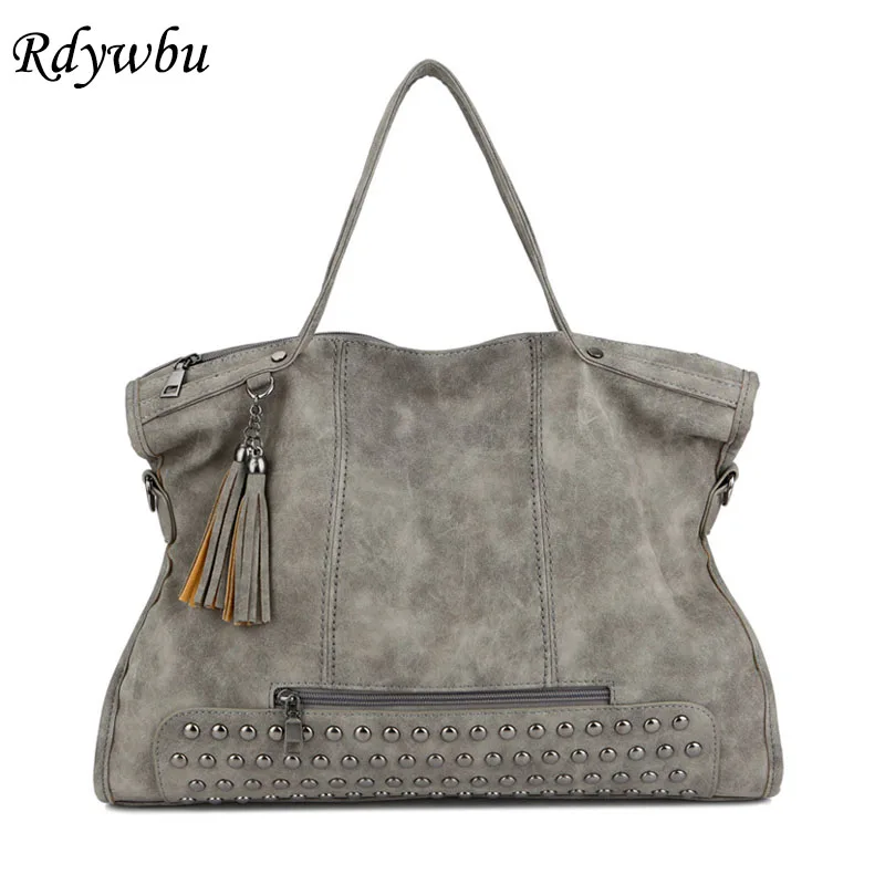 Rdywbu Rivet Tassels Nubuck Leather Tote Handbag Women Vintage Scrub PU