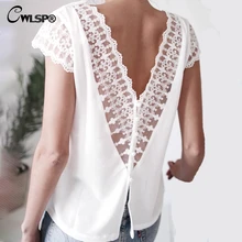 CWLSP 2018 Summer Sexy Backless T Shirt For Women Casual V-neck Lace Up Pacthwork T-shirts Solid Hollow Out Women Tops QZ2888 sexy deep v neck lace up front casual t shirts in fuchsia