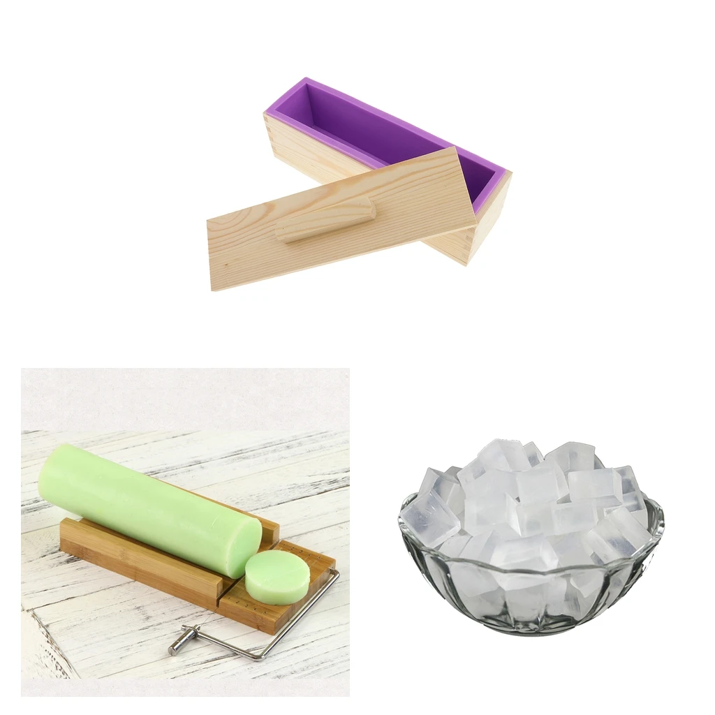 Handmade Soap Making Silicone Soap Mold Wood Box & Wooden Stainless Steel Soap Cutter Loaf Slicer & Clear Melt & Pour Soap Base