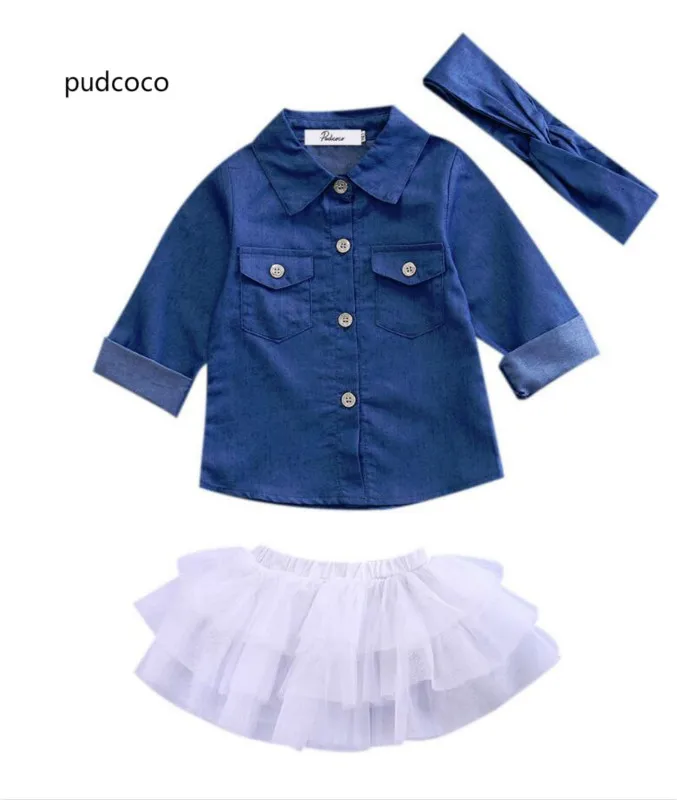 

US STOCK 3pcs Set New Children Kids Baby Girl Denim Tops Shirt+Tutu Skirts +Handband Outfits Set Girls Clothes Set