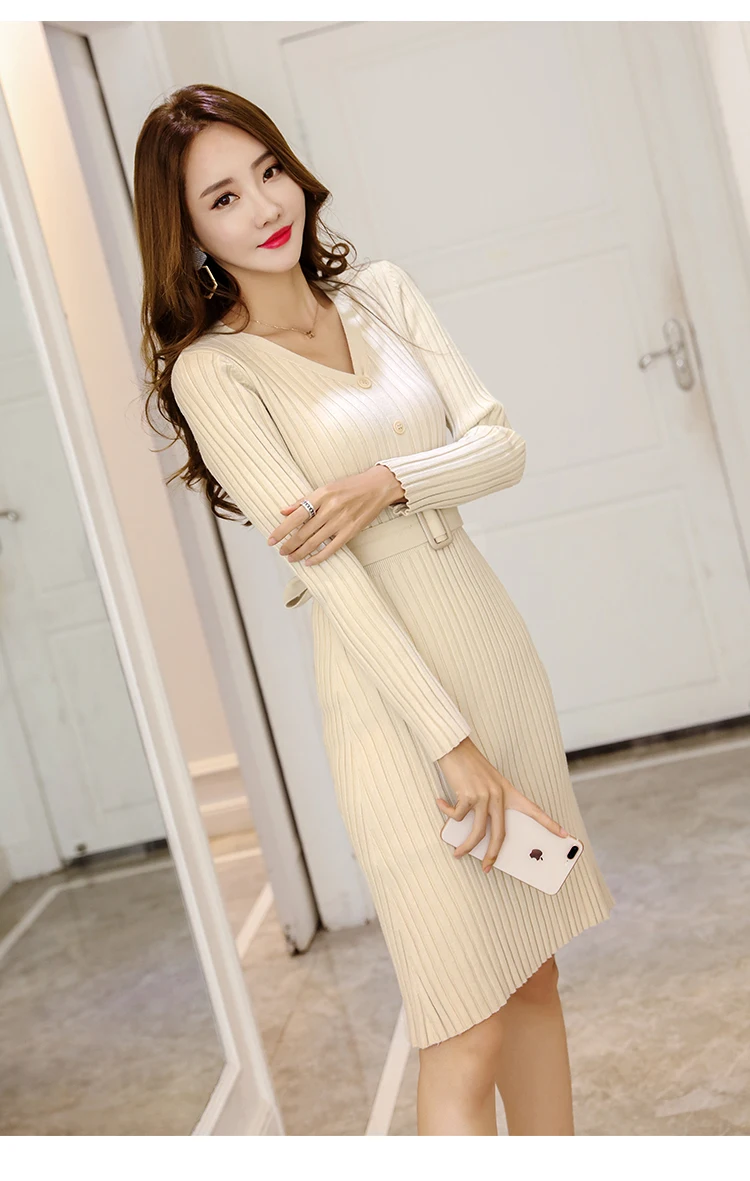 New Autumn Winter Bodycon Knitted Dress Women Long Sleeve Sexy V Neck Belt Knee Length Casual Office Lady Sweater Dresses L2460