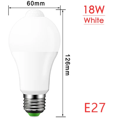 E27 B22 Лампа с датчиком движения, лампа с датчиком движения, светодиодный светильник с сумерками до рассвета, IP42, 12 Вт, 18 Вт, переменный ток, 110 В, 220 В, для ворот, коридора, умный ночной Светильник - Испускаемый цвет: E27 18W cool white