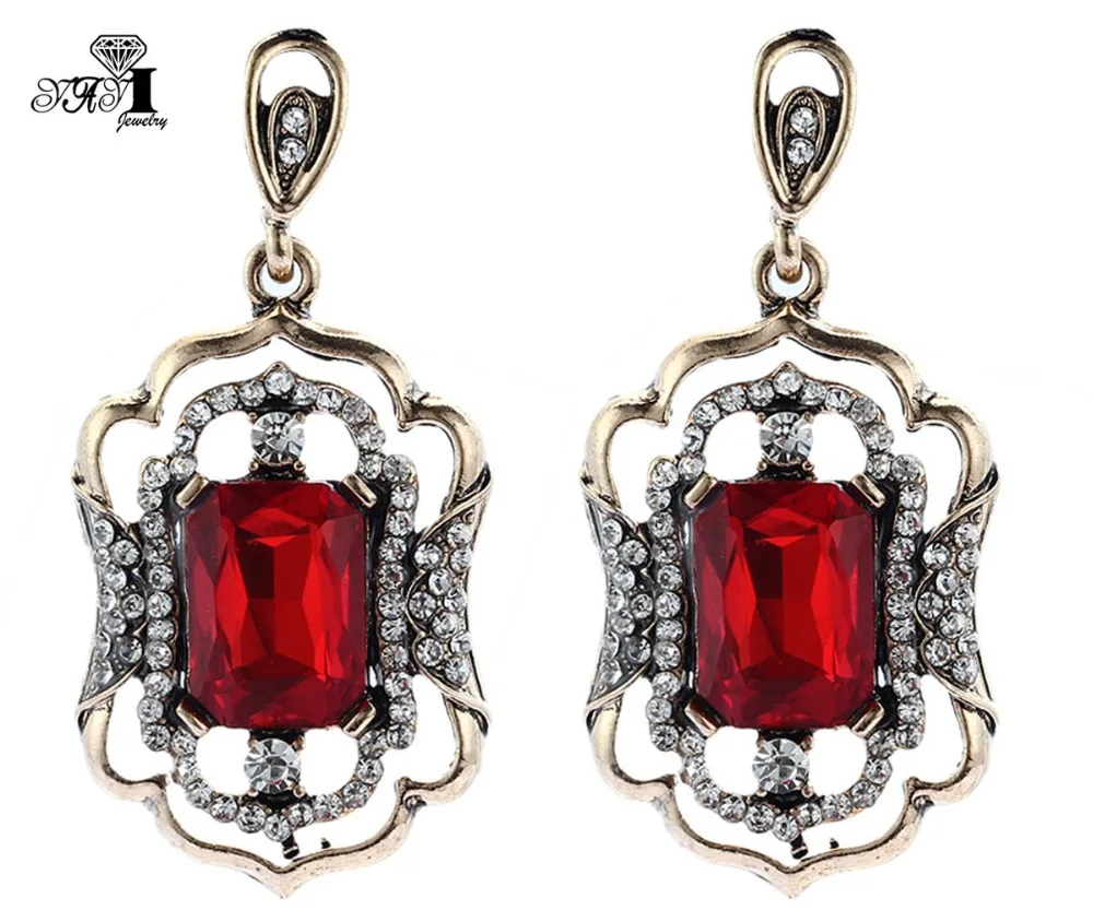 

YaYi Jewelry New Red Glass Rhinestone Dangle Crystal Earring Women's Fashion Ancient Gold Color Gem Earrings Gift 1216