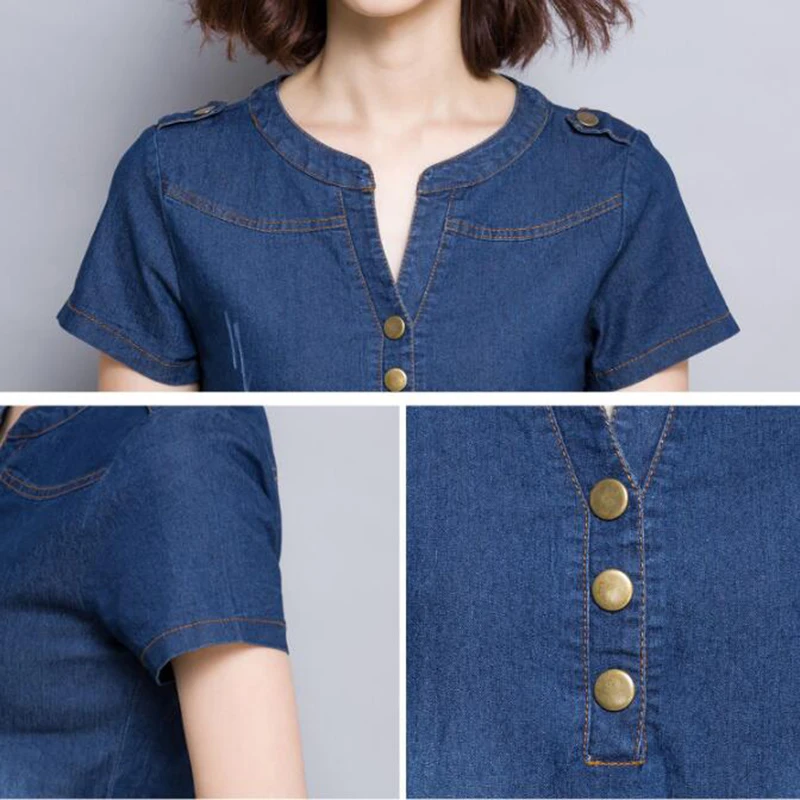Rihschpiece 2018 Summer Denim Dress Women Vintage Party Sexy Jeans Dresses Short Sleeve Pocket Casual Dress RZF1255