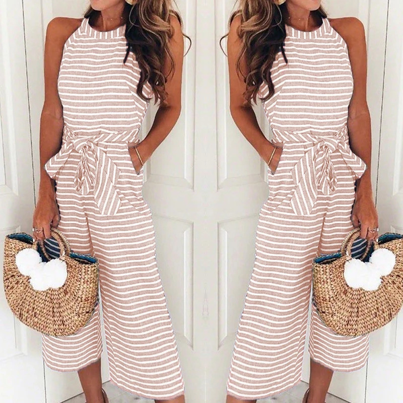 2019 Fashion Wide Legs Strip Playsuit Women Woman Casual Sleeveless Bow Sashes Elegant Jumpsuits Ladies Summer Overall Romper