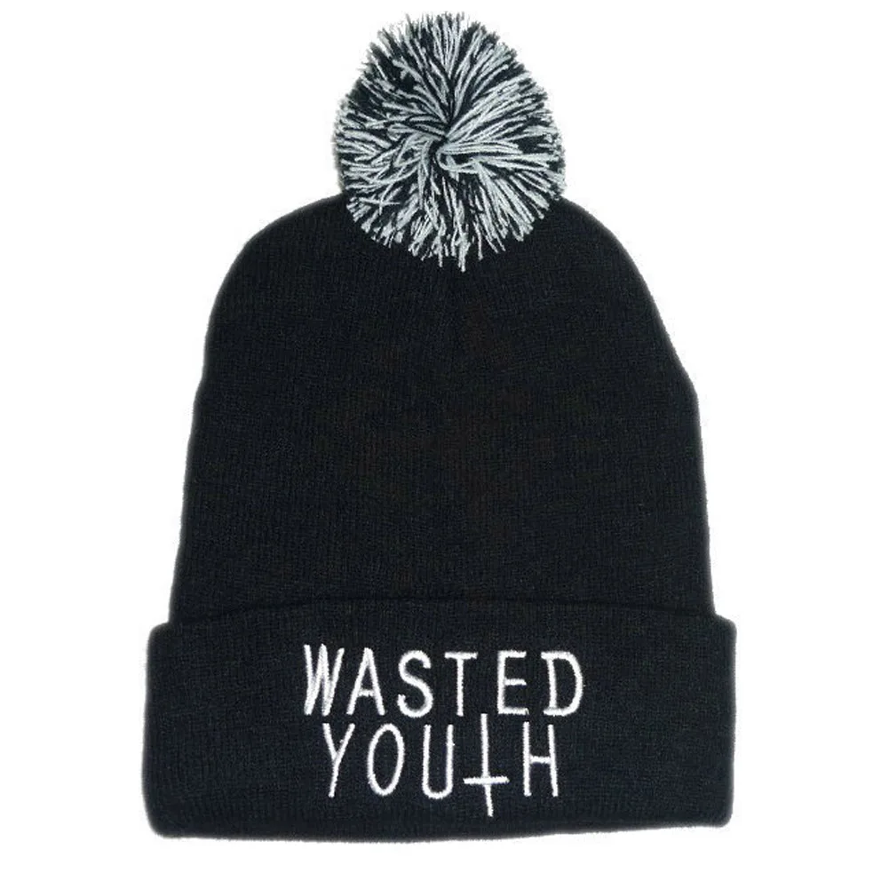 Winter Knitted Ski Skullies Wool ball Cap Bonnet Gorro Masculino Hat For Women Men Wasted Youth