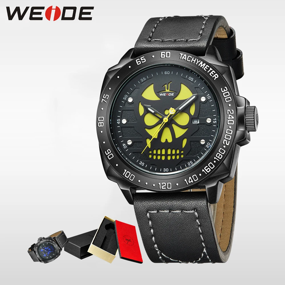 

WEIDE Watch Men Casual Leather Strap Quartz Yellow Dial Analog Display Water Resistant Big Fashion Male Clock halloween watch