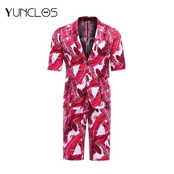 

YUNCLOS New Fashion Men Slim Fit Suits Summer Short Sleeve Suits Men's Holiday Wears Fashion Printed Suit Blazers and Shorts