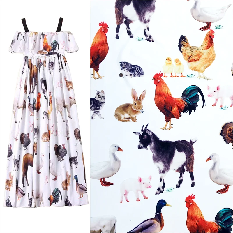 

145cm Width Cartoon Animals Print White Four Way Stretch Polyester Fabric for Woman Summer Dresses Skirts Blouse Pants DIY-AF963