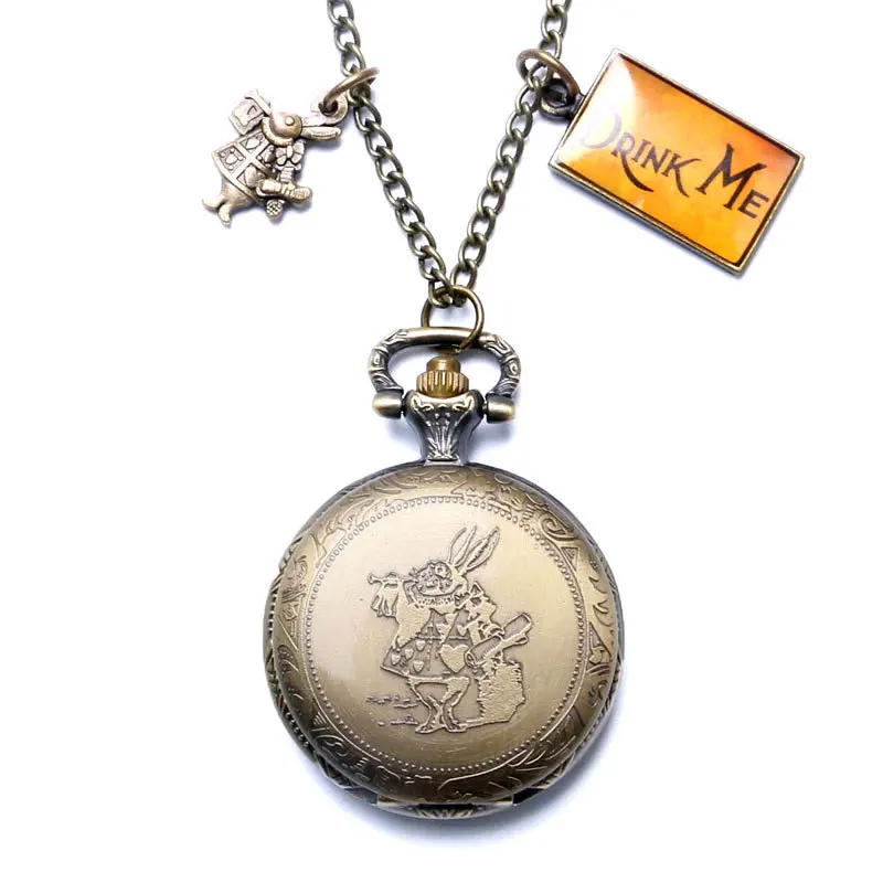 Бронзовая подвеска кварц Алиса в стране чудес карманные часы Сеть Цепочки и ожерелья Для женщин мужские подарки
