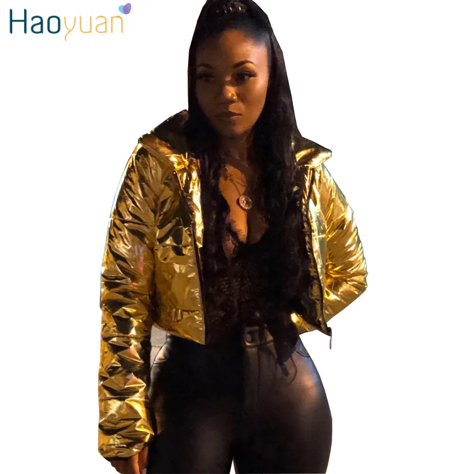 HAOYUAN PU Leather Winter Jacket Women Warm Clothes Slim Parka Zip Puffer Padded Jacket Outerwear Long Sleeve Tops Bubble Coat