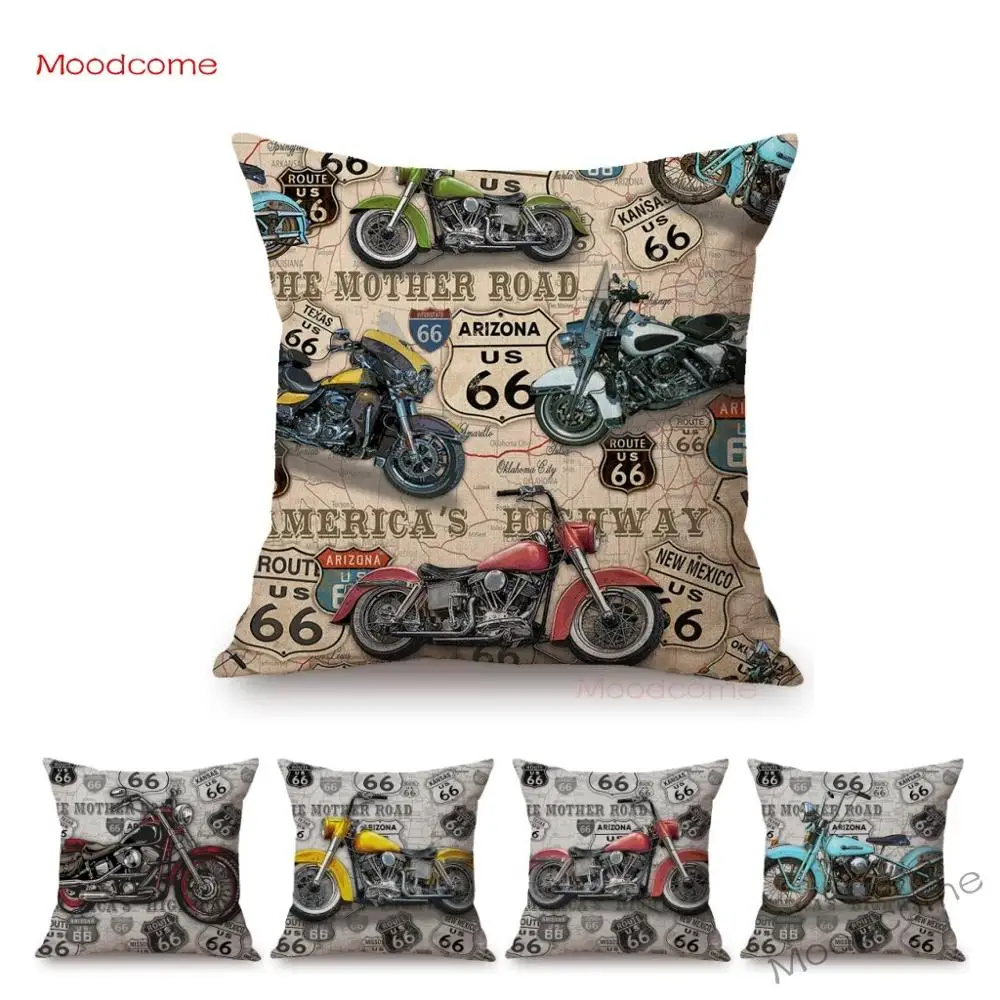 

Classic US Route 66 Vintage Motorcycle Poster Art Home Decorative Pillow Cover Retro American Style Cotton Linen Cushion Covers