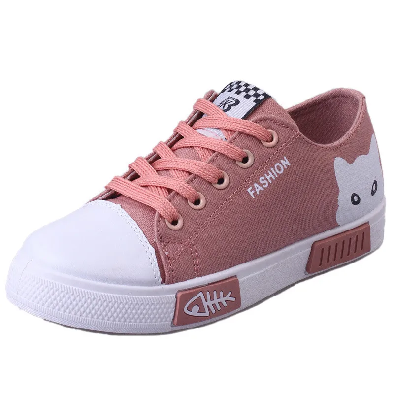 

Women's flat cartoon canvas shoes 2018 new summer white lace student shoes ladies casual shoes women's sports shoes comfortable
