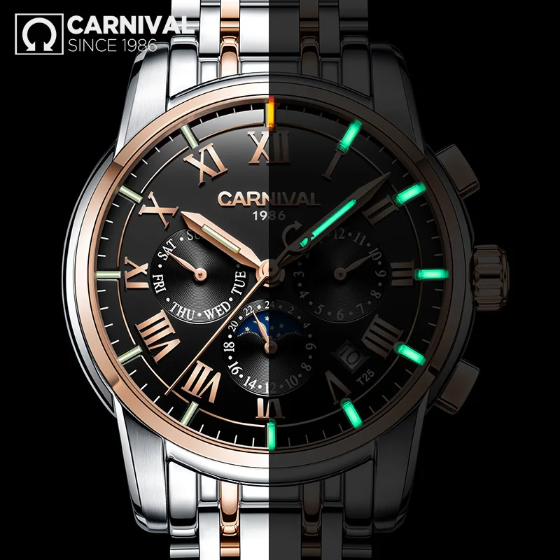 Часы Carnival Tritium мужские автоматические механические роскошные с Луной и фазой