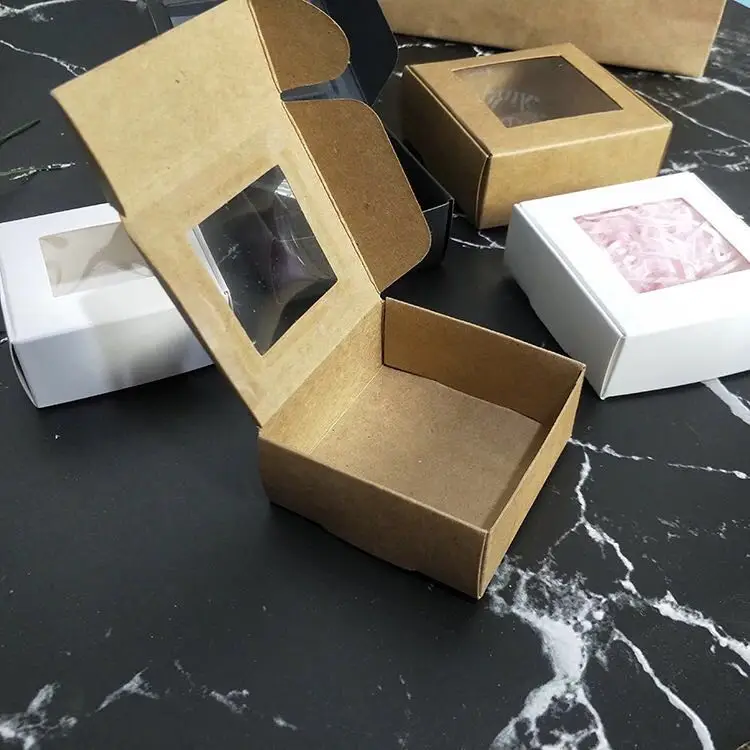 10 шт. натуральный крафтовый ящик, квадратная черная картонная упаковка, белая маленькая мыльница с прозрачное окно ПВХ, коричневая коробка для ювелирных изделий