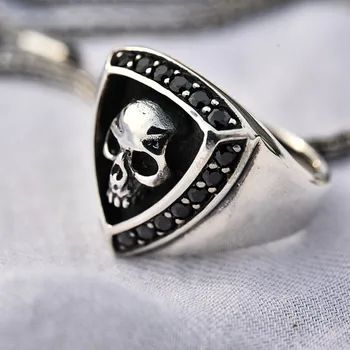 

Thai silver inlaid black natural stone triangular ring face taro punk 925 sterling silver man's silver ring