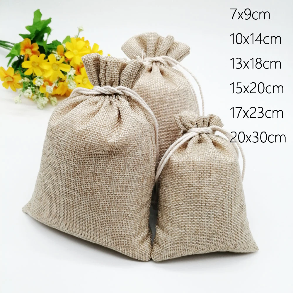 10pcs Jute Linen Bags For Jewelry Display Drawstring Pouch Gift Box