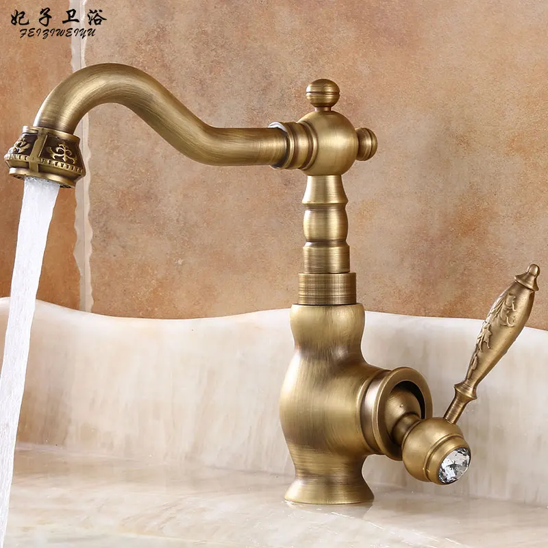 Solid Brass Kitchen Sink Faucet One Hole Swivel Spout Antique Basin