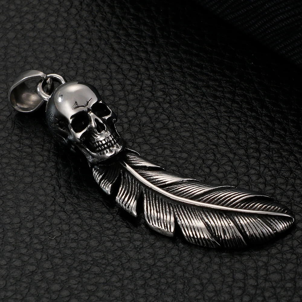 Индивидуальное перо череп кулон ожерелье для мужчин Панк Винтаж 316L нержавеющая сталь Байкер ювелирные изделия мужские Подвески ожерелье s