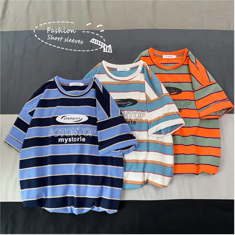 

2019 Summer New Student Letter Printing Men's Round Neck Loose Striped Short-sleeved Solid Color Art Simple Casual T-shirt