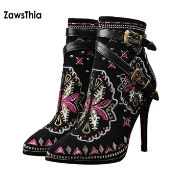 

ZawsThia genuine cow suede leather embroider thin high heels shoes woman exotic bohemian style embroidery ankle boots size 34-42