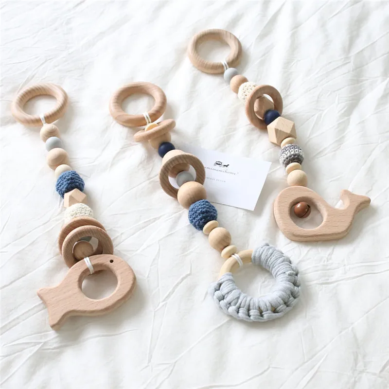 3Pc/Set Silicone Beads Baby Crib Mobile Rattles Whale Baby Toys Beech Wooden Ring Bell Handmade Infant Bed Hanging Decoration