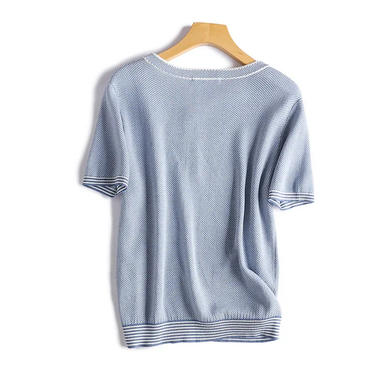 

double Jacquard silk nylon blend knit women fashion oneck thin t-shirt pullover tees short sleeve blue M/L wholesale