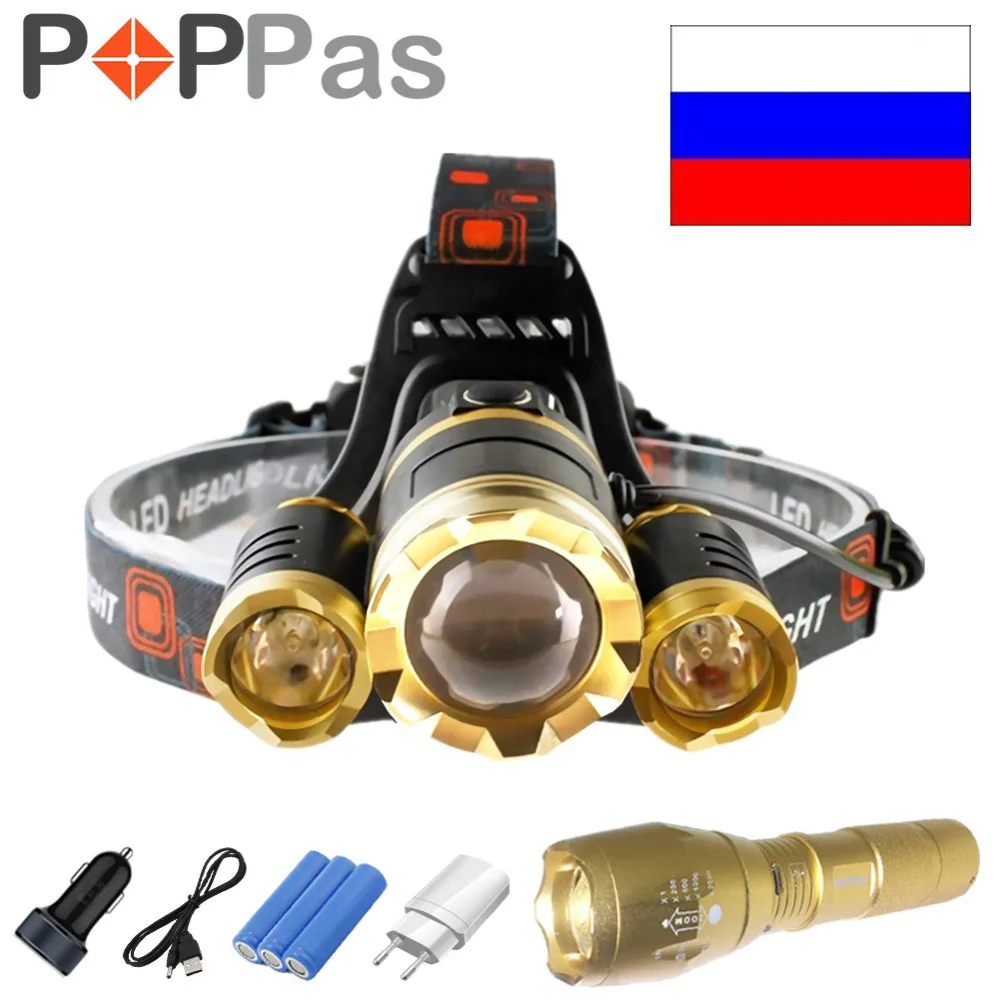 

POPPAS Gold LED Headlamp And Flashlight 10000LM CREE 3T6 L2 Chips Headlight Rechargeable Zoom Light Hunting Birthday Present