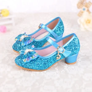 Разнопарая детская обувь для девочек на высоком каблуке, Лидер продаж, новинка, детская обувь розового, золотого, серебряного цвета Студенческая кожаная обувь с цветочным принтом, Размеры 26-37 - Цвет: Blue