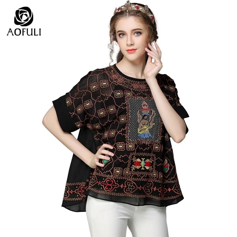 Женские шифоновые блузки AOFULI большие размеры XL/XXL с коротким рукавом черного