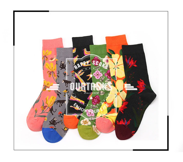 2018 модная новинка зимы Стиль брендовые носки счастливый человек Для женщин Мужская хлопок пара Смешные Носки Цветок Птица контрастным