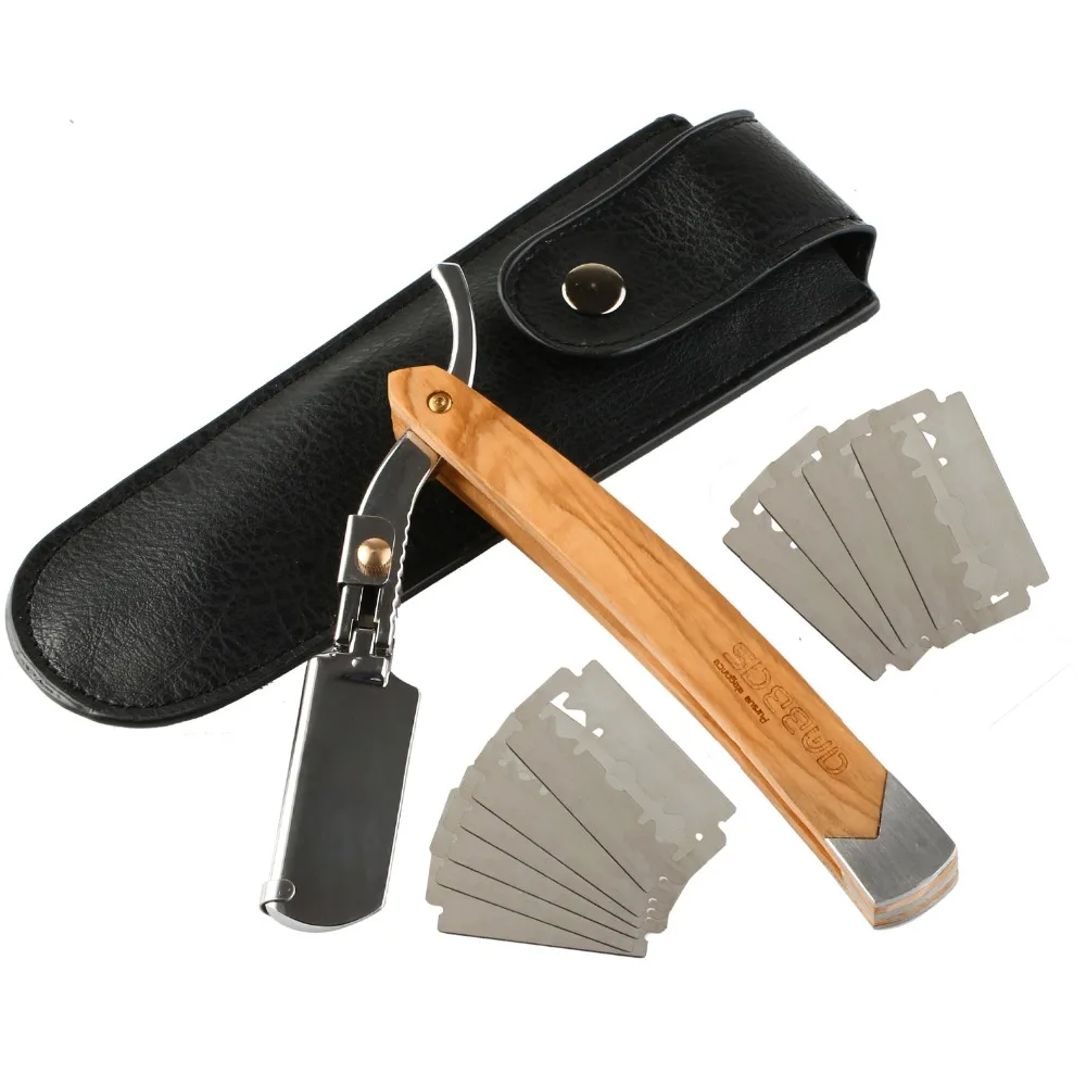Beste Straight Edge Razor, Anbbas Folding Scheren Shavette Scheermes met Effen Olijf Houten Handvat Zwart Kwaliteit Kunstleer Pouch