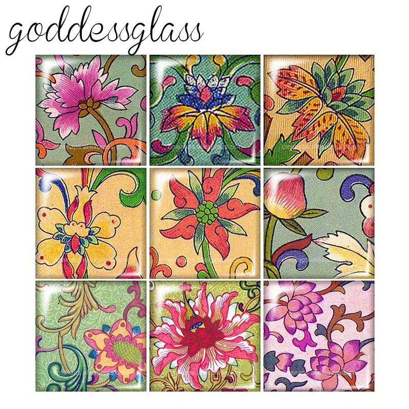 New Beauty Vintage flowers patterns 12mm/20mm/25mm/30mm Square photo glass cabochon demo flat back Making findings FB0008 | Украшения и