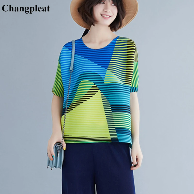 

Changpleat 2019 Summer New Women Striped print T-shirt Tops Miyak Pleated Fashion O-neck Short sleeve Loose Large Size T-shirts