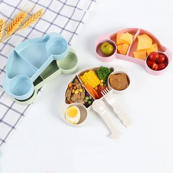 

New Children Baby Plate Bamboo Tableware Set Cartoon Car Kids Baby Dishes for Feeding Baby Eat Food Sub-grid Bowl Children Plate